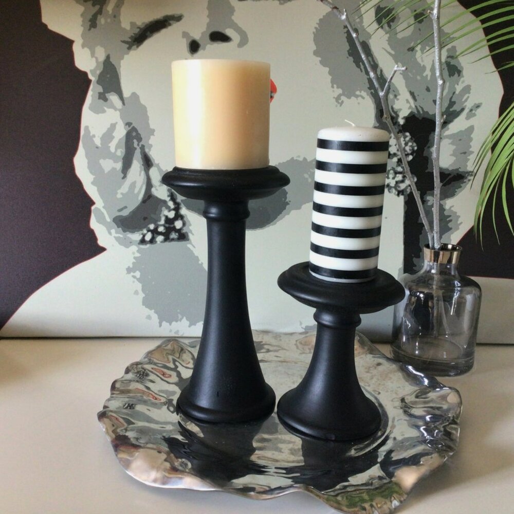 Vintage Jaru Candle Holders Matte Black Pillar Set Of 2 Tall Short Mid-Century